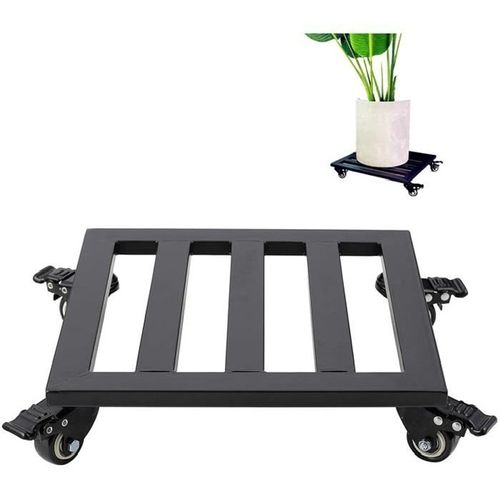 Support pot de plantes à roulettes en Métal- Noir - 30cm x 30cm x 15cm
