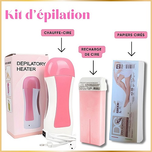 Kit Epilation: Chauffe-Cire + Cartouche Cire  Roll-On + Bandes