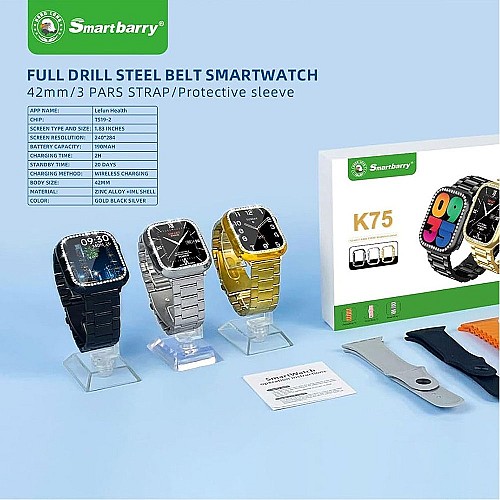 Smartbarry K75 – Montre Connectée 42mm + Étui Diamanté Amovible + 3 Bracelets -noir