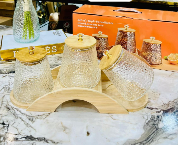 Set de 3 Boite de Rangement en Verre Borosilicate avec Support en Bois