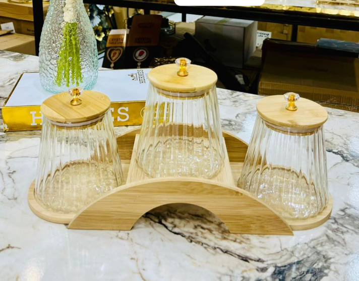 Set de 3 Boite de Rangement en Verre Strié avec Support en Bois