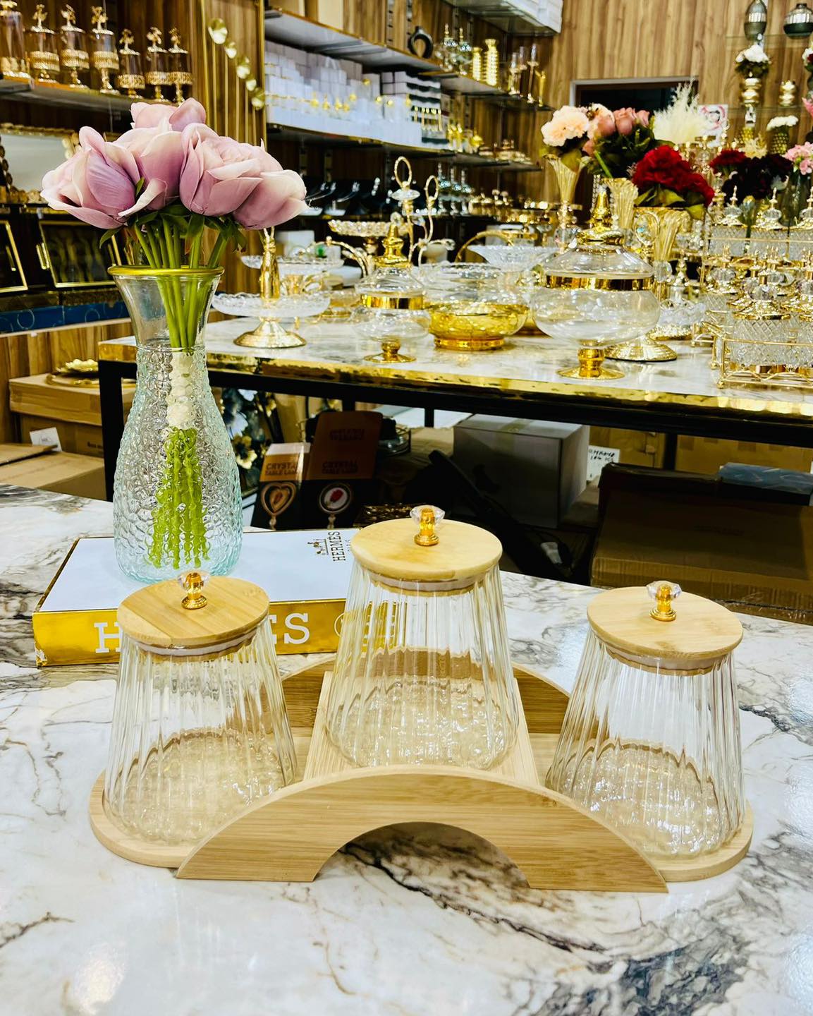 Set de 3 Boite de Rangement en Verre Strié avec Support en Bois