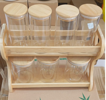 Set de 6 Boite de Cuisine en Verre Transparent avec Couvercles en Bois et Étagère Double