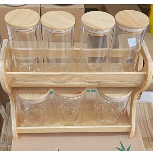 Set de 6 Boite de Cuisine en Verre Transparent avec Couvercles en Bois et Étagère Double