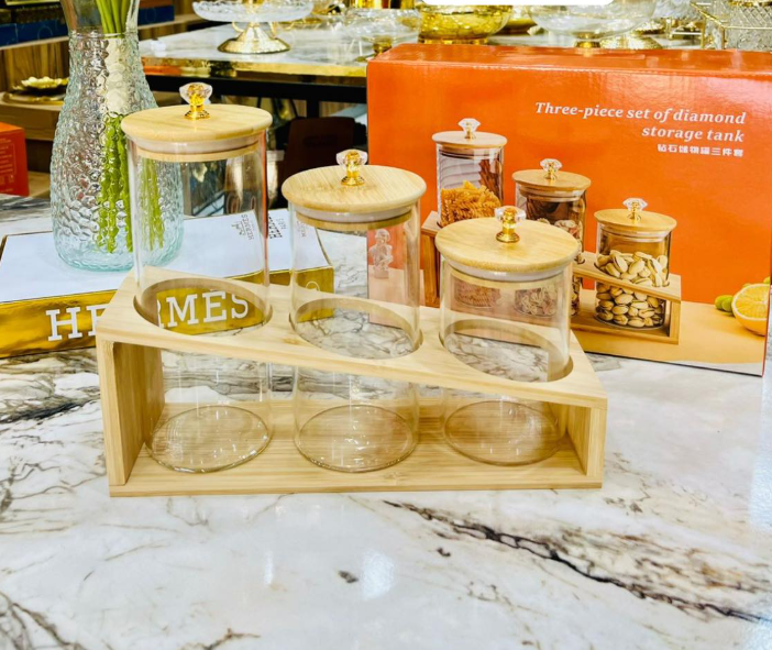 Set de 3 Boite de Rangement en Verre avec Support en Bois