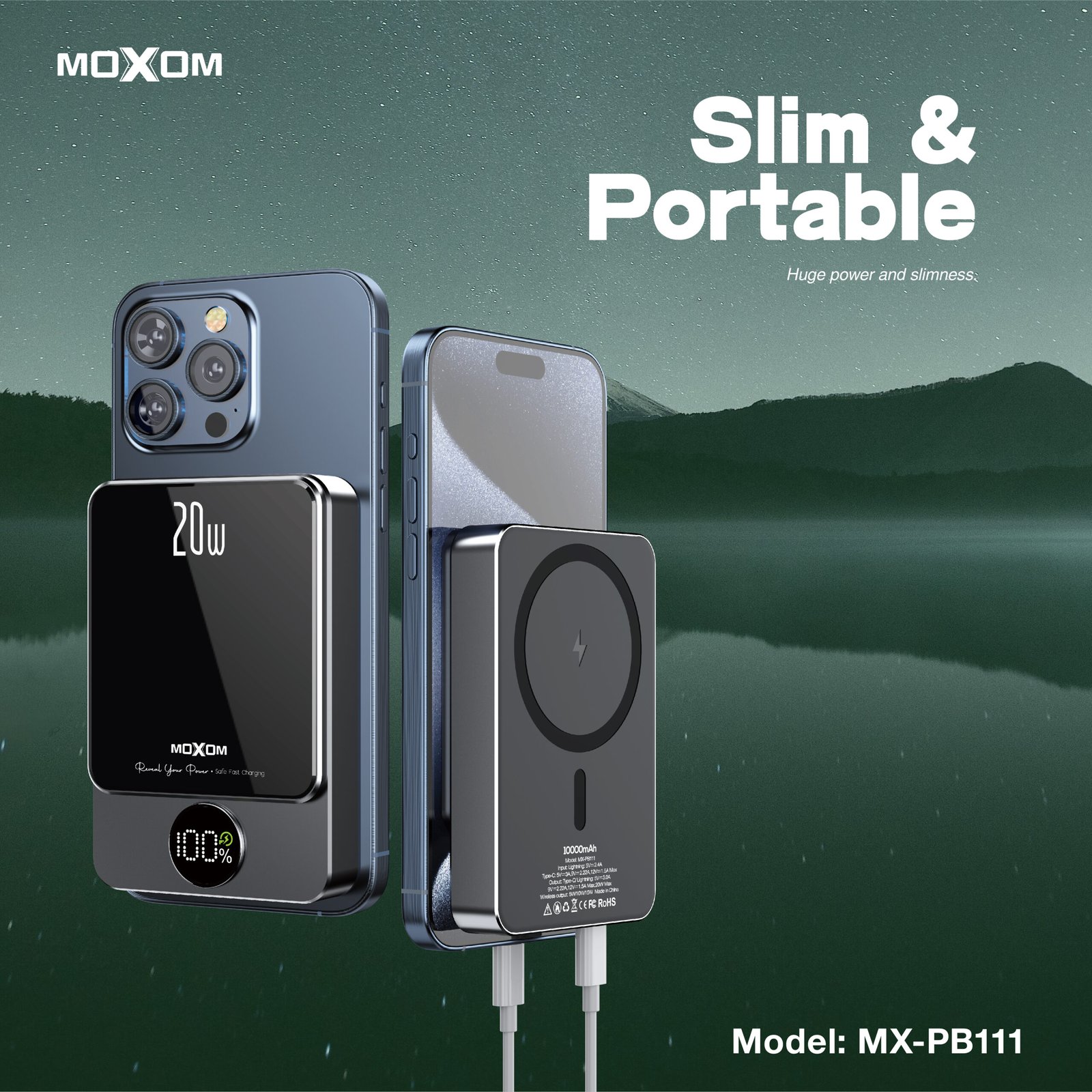 Power bank de 10,000mAh Sans fil magnétique 15W + Type-C PD 20W + USB-A