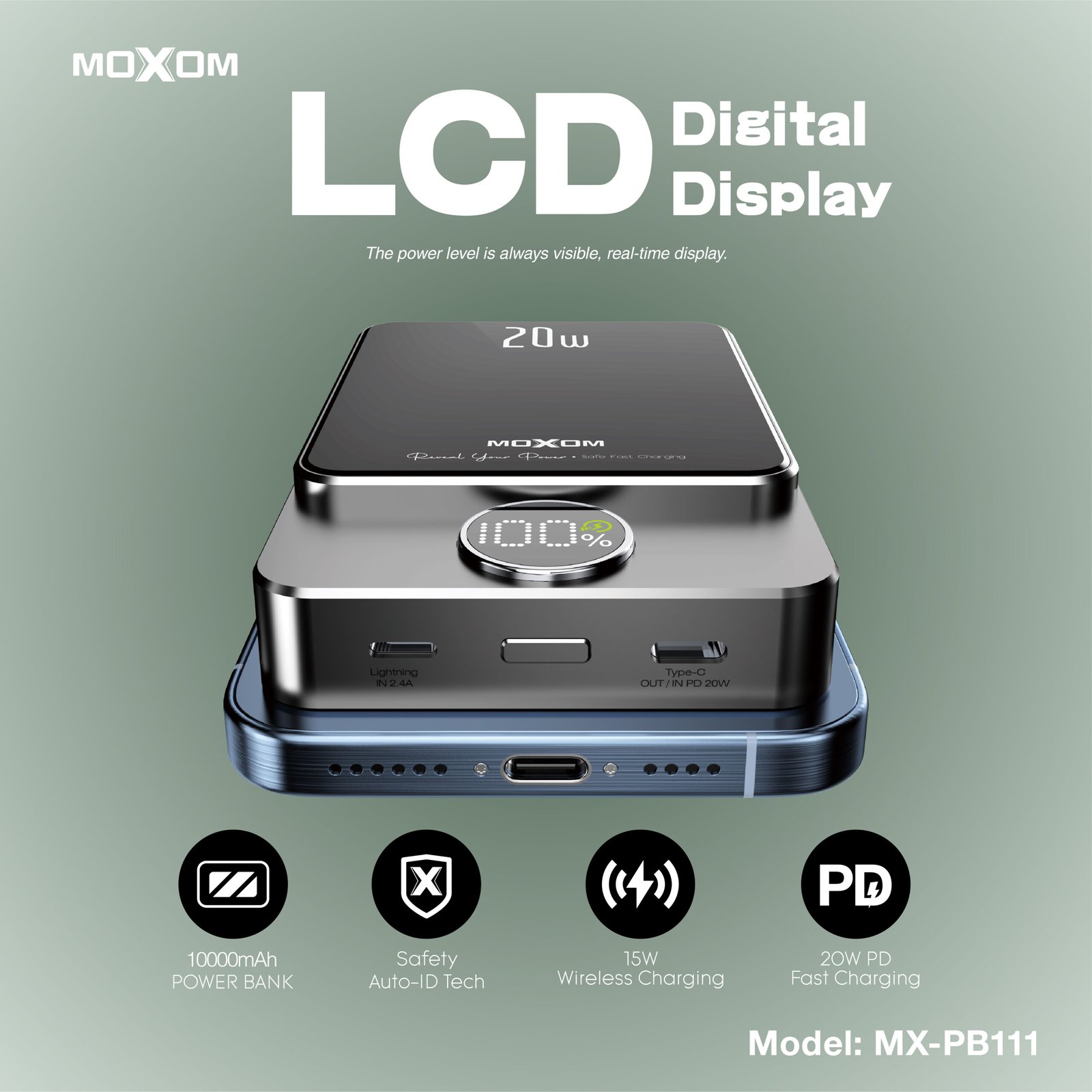 Power bank de 10,000mAh Sans fil magnétique 15W + Type-C PD 20W + USB-A