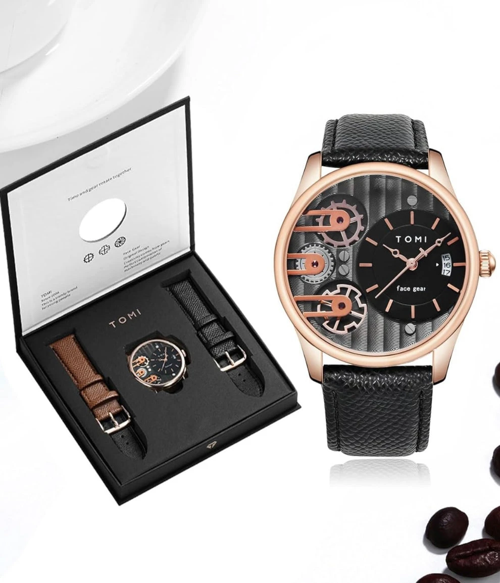 Montre de luxe Tomi Face Gear T-105 pour homme – Coffret élégant