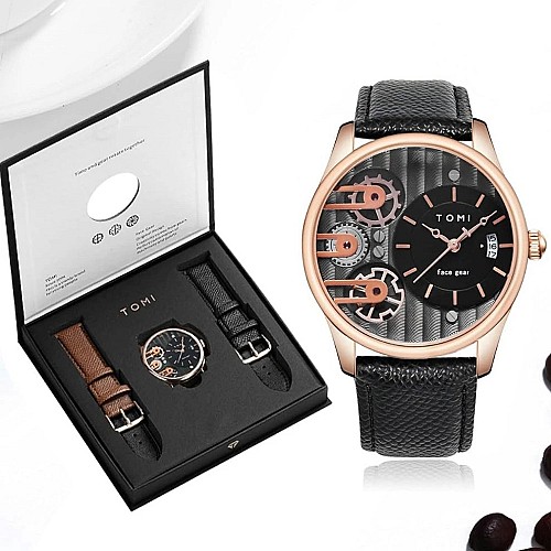 Montre de luxe Tomi Face Gear T-105 pour homme – Coffret élégant