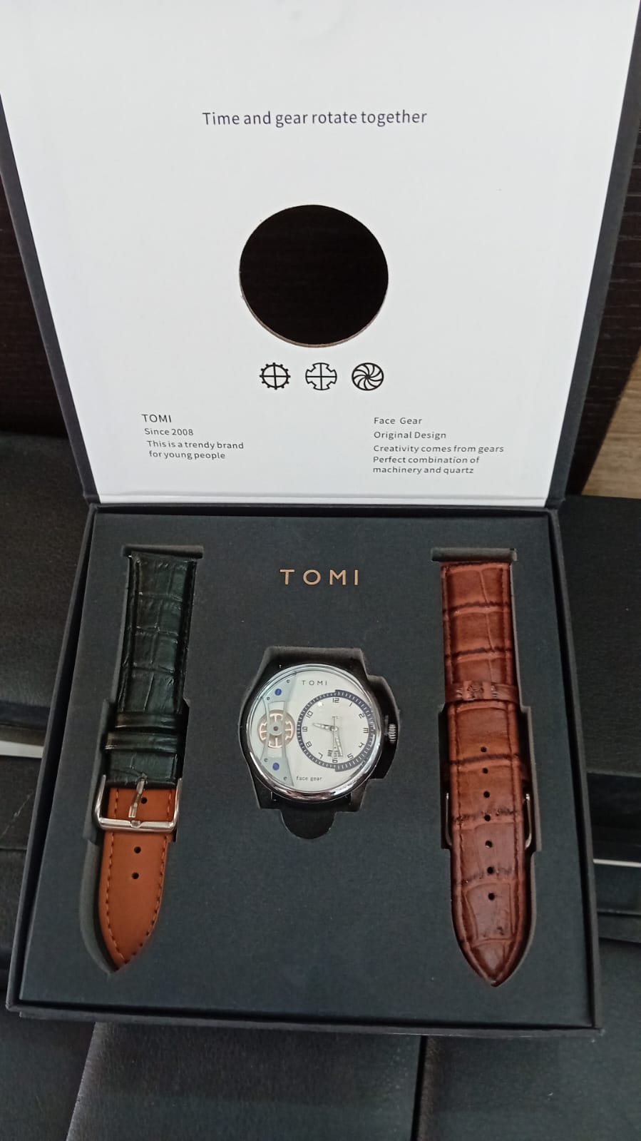 Montre de luxe Tomi Face Gear pour homme – Coffret élégant
