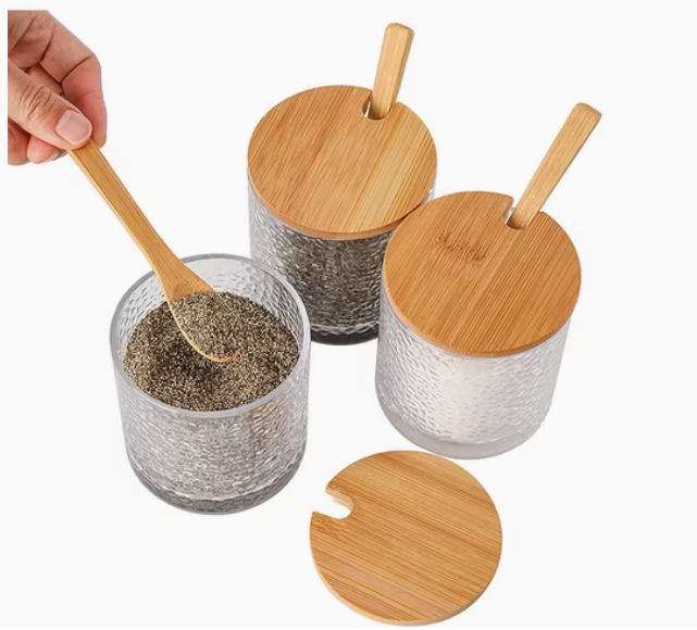 Ensemble de Pots à Épices en Verre et Bambou avec Support et Cuillères