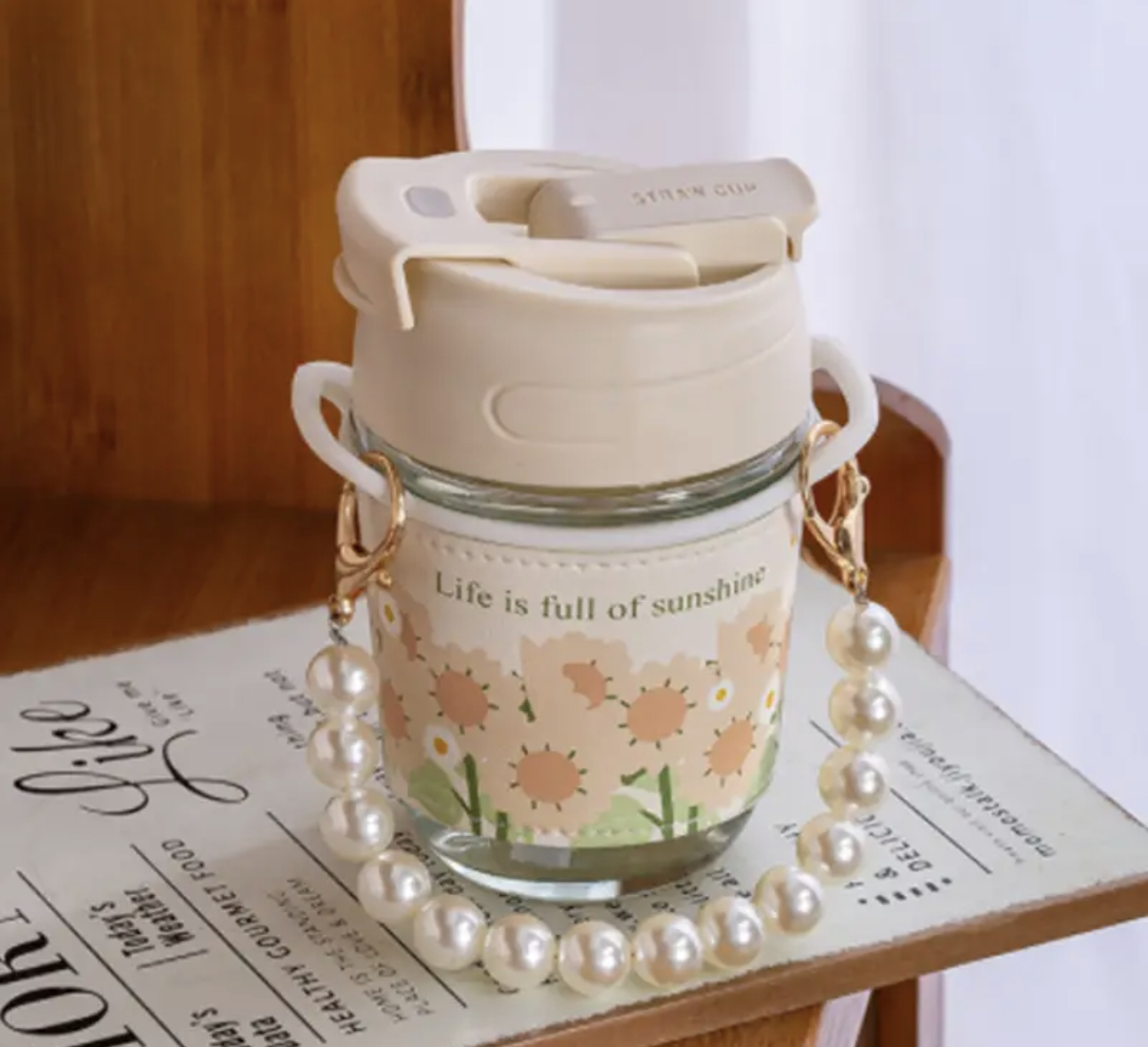 Cute Glass Water Cup Printed Pearl Bracelet Gift Straw