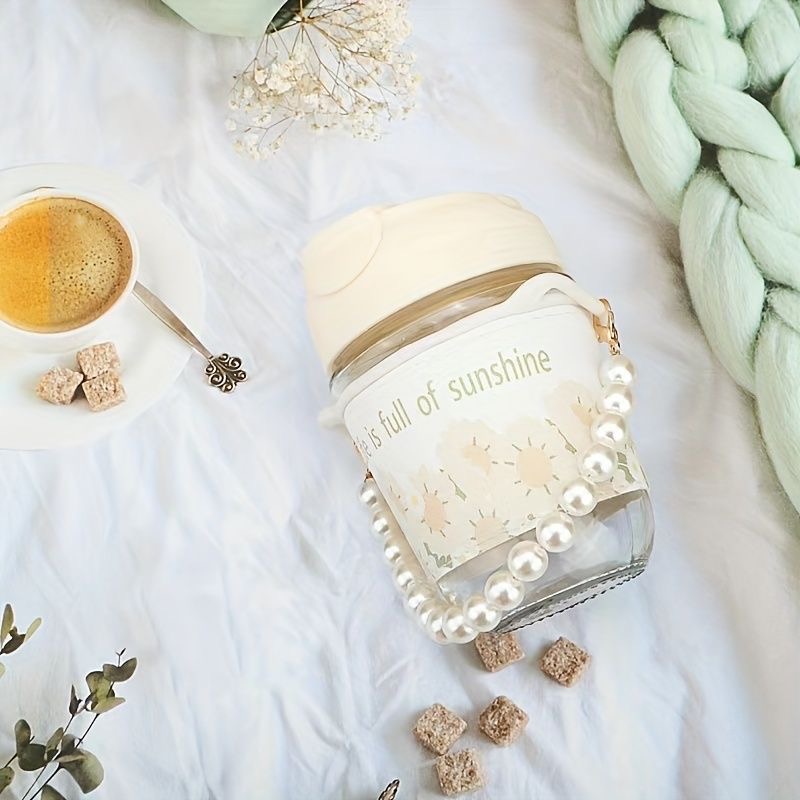 Cute Glass Water Cup Printed Pearl Bracelet Gift Straw