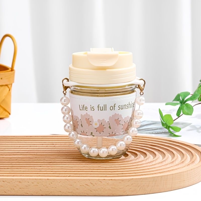 Cute Glass Water Cup Printed Pearl Bracelet Gift Straw