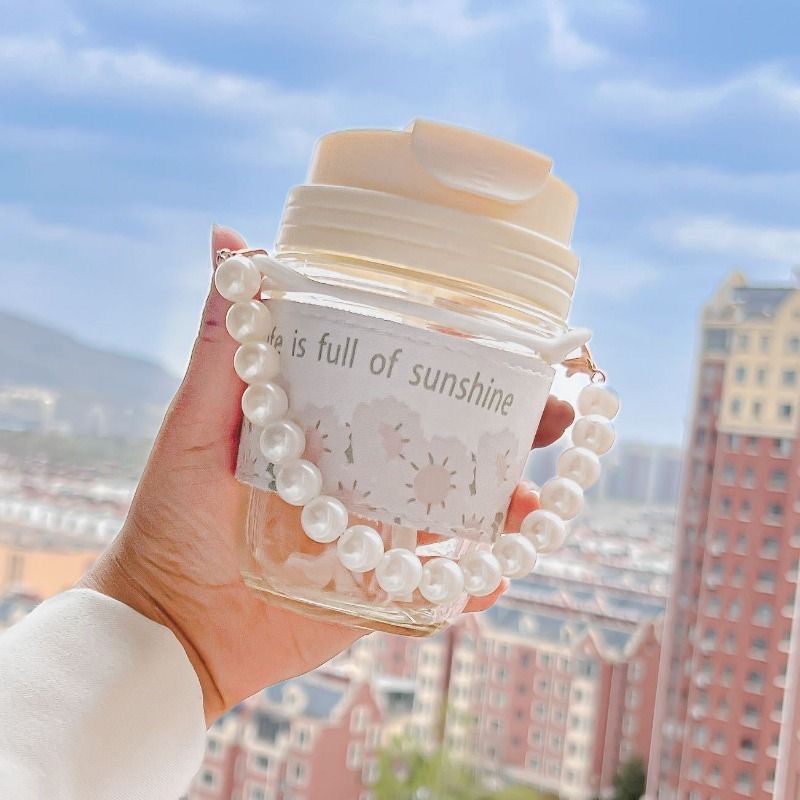 Cute Glass Water Cup Printed Pearl Bracelet Gift Straw