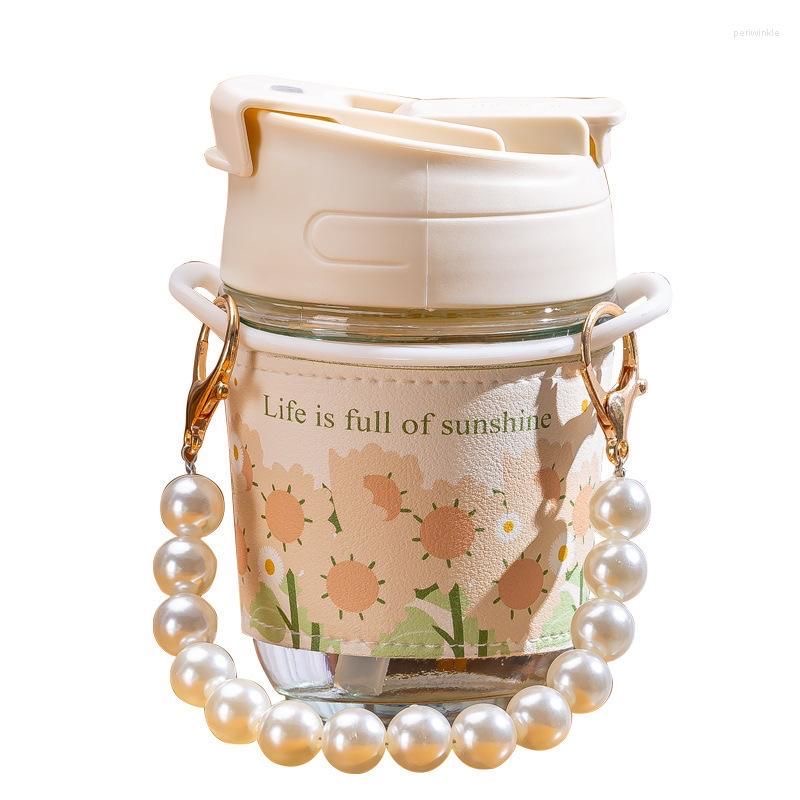 Cute Glass Water Cup Printed Pearl Bracelet Gift Straw
