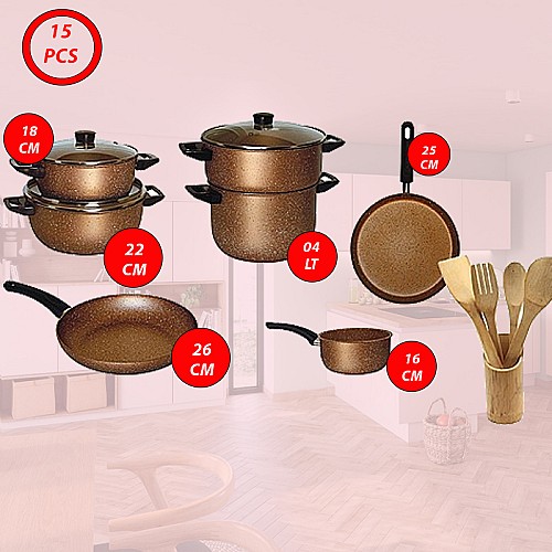 Batterie de cuisine Cook'art 15 pièces - Granite - Gold