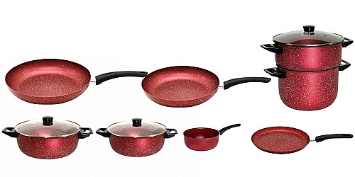 Batterie de Cuisine 11pcs - Granite - Rouge
