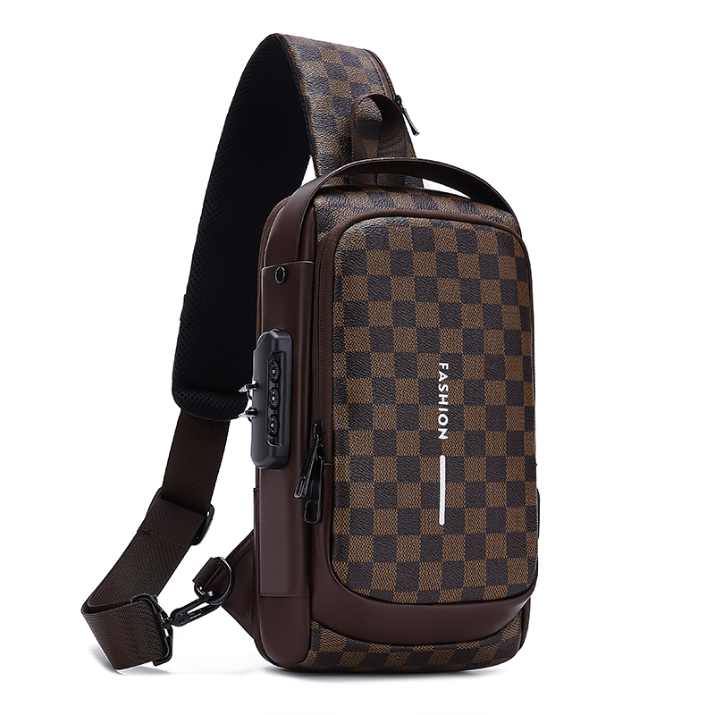 Sac de poitrine homme avec port USB – Imperméable et anti-vol - MARRON