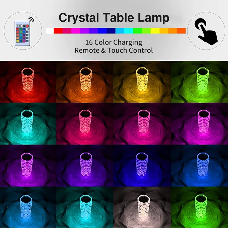 LED Crystal Table Lamp Rose Light Projector 3/16 Colors Touch RGB