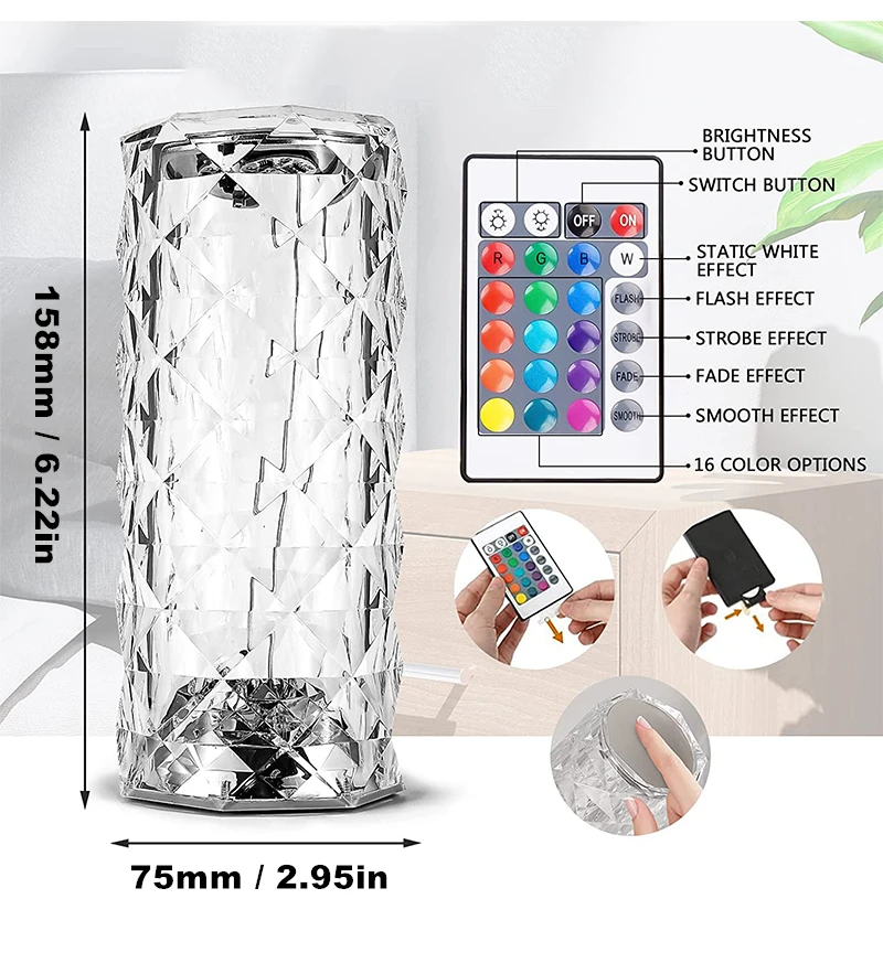 LED Crystal Table Lamp Rose Light Projector 3/16 Colors Touch RGB