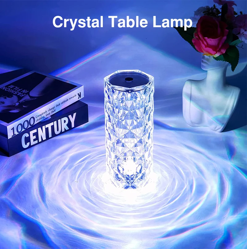 LED Crystal Table Lamp Rose Light Projector 3/16 Colors Touch RGB