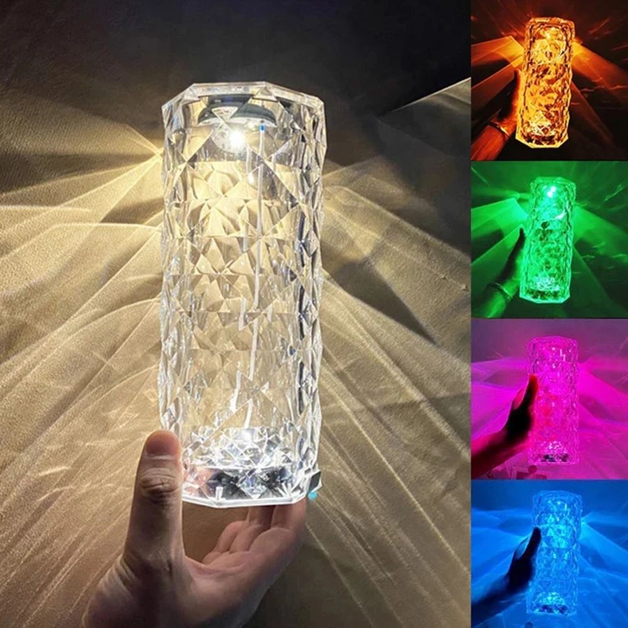 LED Crystal Table Lamp Rose Light Projector 3/16 Colors Touch RGB