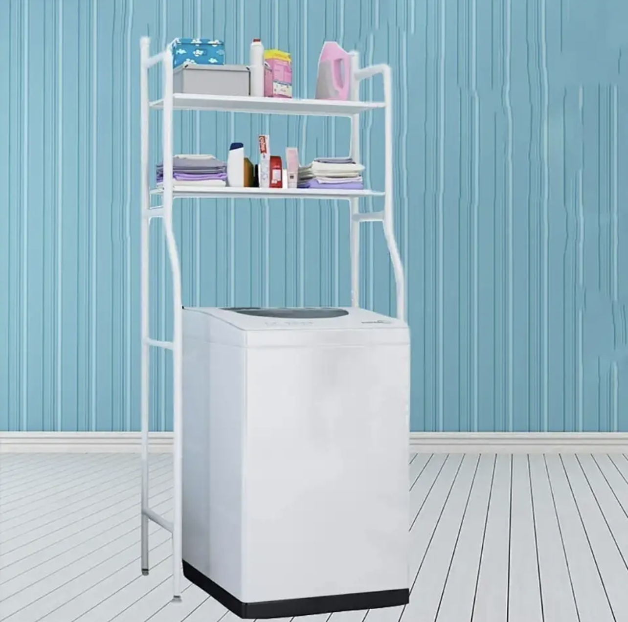 Multipurpose shelf on bathroom washing machine