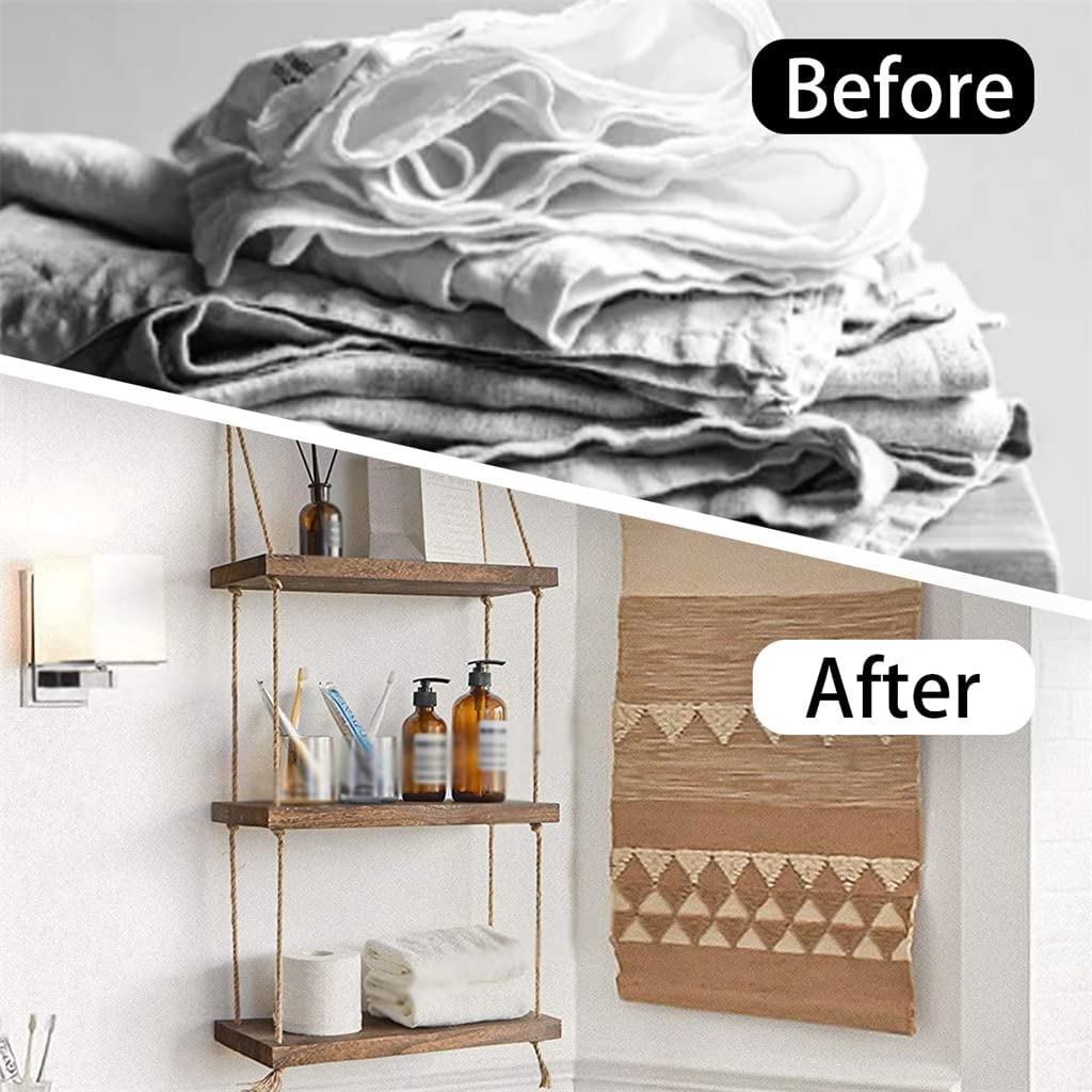 Triple Etagere murale suspendue en bois rustique avec corde