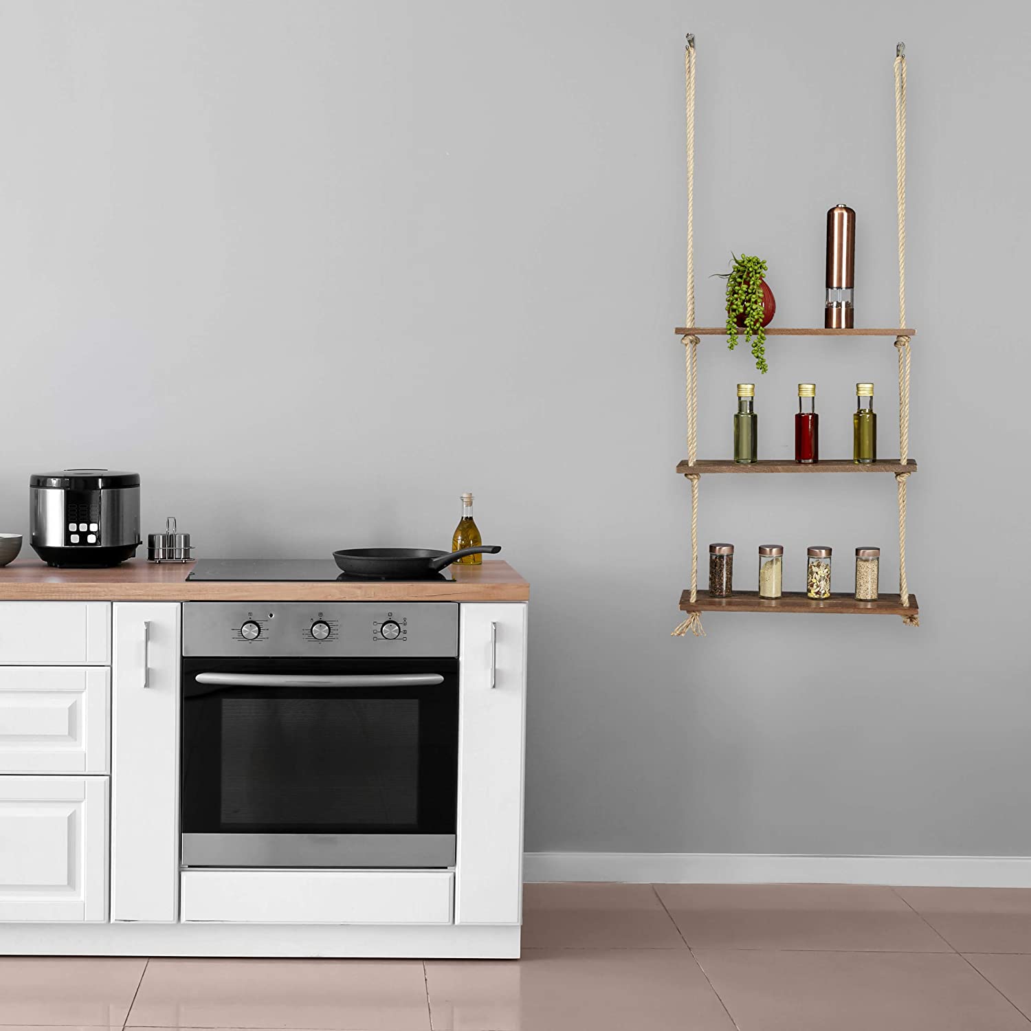 Triple Etagere murale suspendue en bois rustique avec corde
