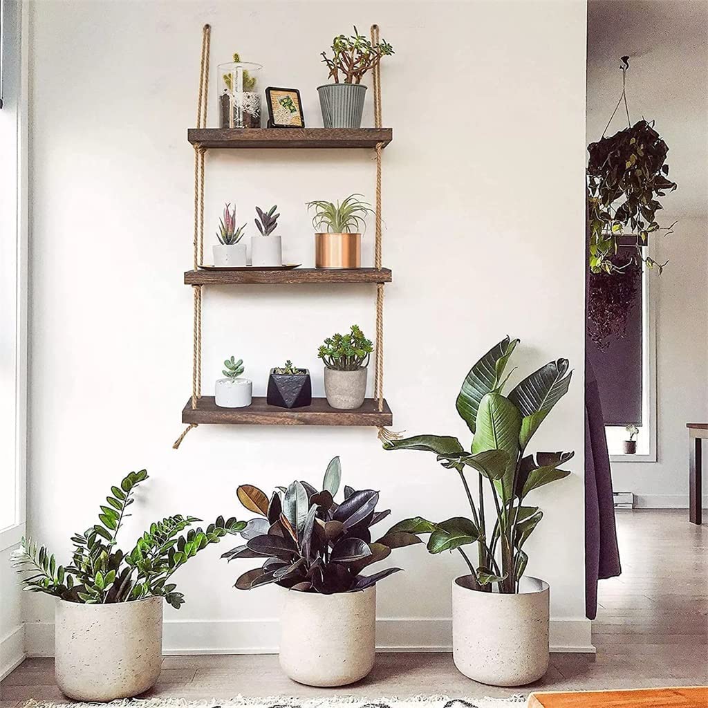 Triple Etagere murale suspendue en bois rustique avec corde