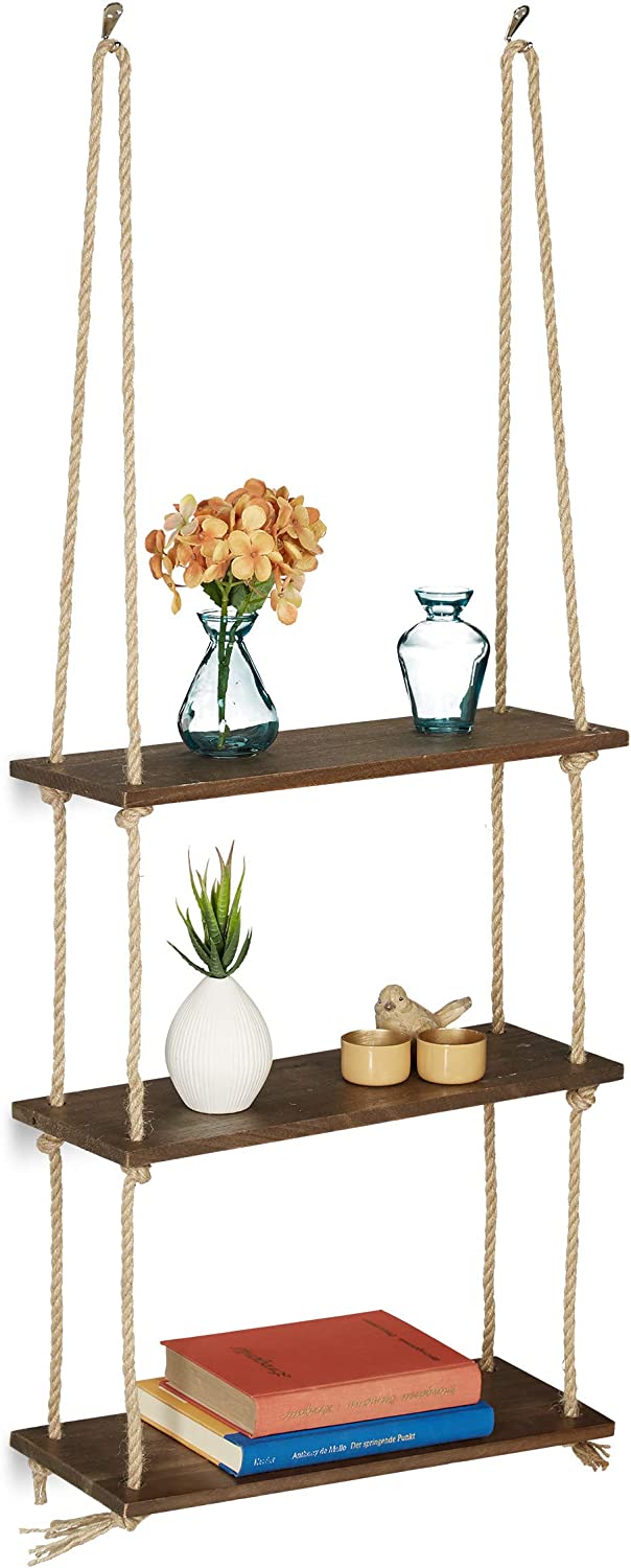 Triple Etagere murale suspendue en bois rustique avec corde