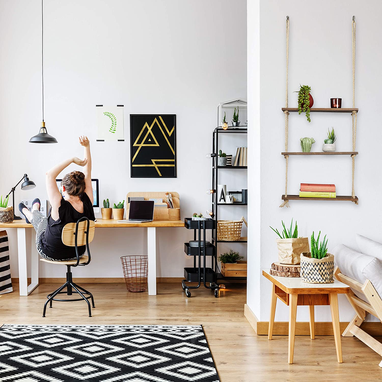 Triple Etagere murale suspendue en bois rustique avec corde