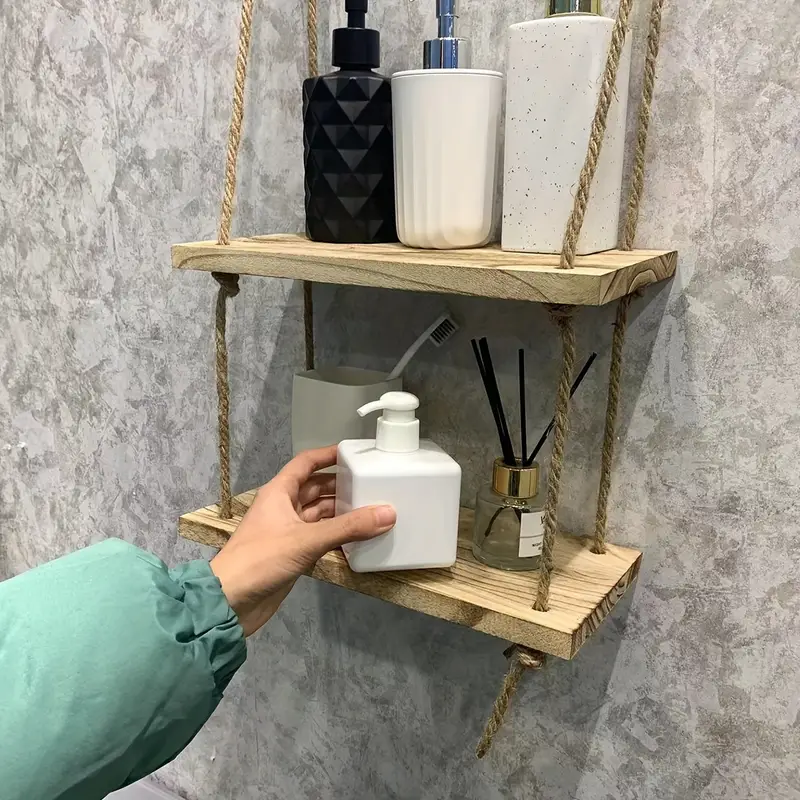 Triple Etagere murale suspendue en bois rustique avec corde