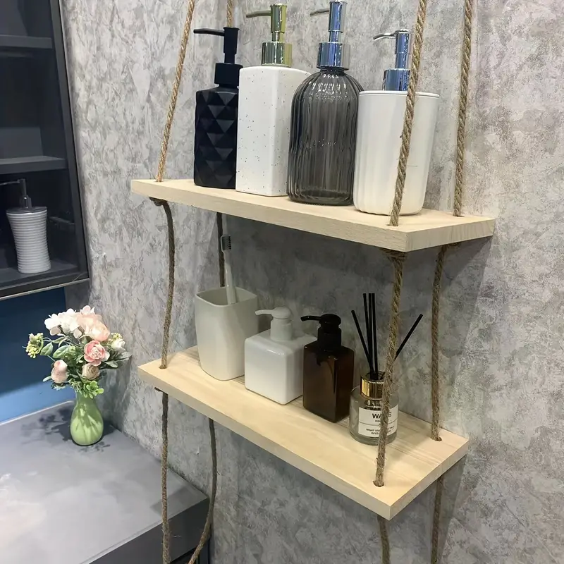 Triple Etagere murale suspendue en bois rustique avec corde