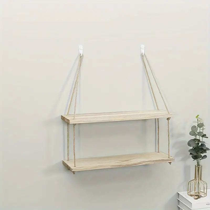 Triple Etagere murale suspendue en bois rustique avec corde