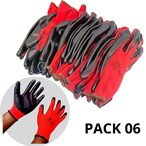 Pack 6 Gants de travail - Gants en nitrile Rouge