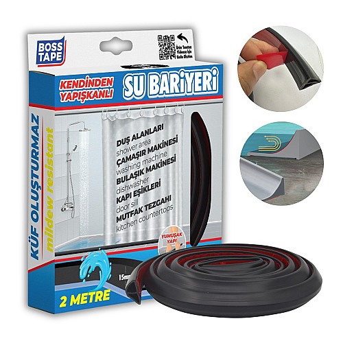 BOSS TAPE Barriere adhésif de Douche - Barrage Eau De Seuil NOIR - Joint Stop eau - 30mmx2m