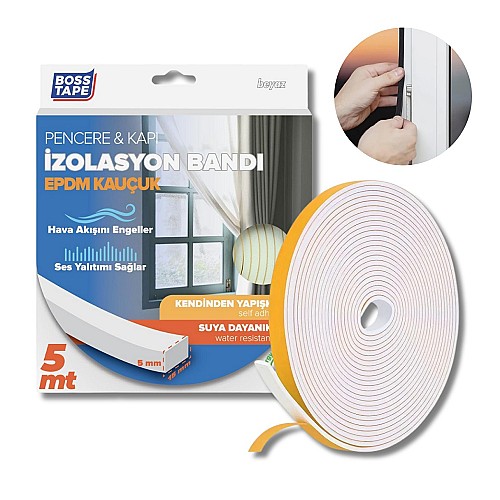 BOSS TAPE Joint d'étanchéité pour porte , fenêtre, isolation thermique, EPDM 6mm, BLANC