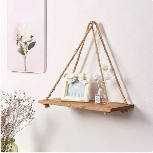 1 Etagère murale suspendue en bois Naturelle avec corde de jute