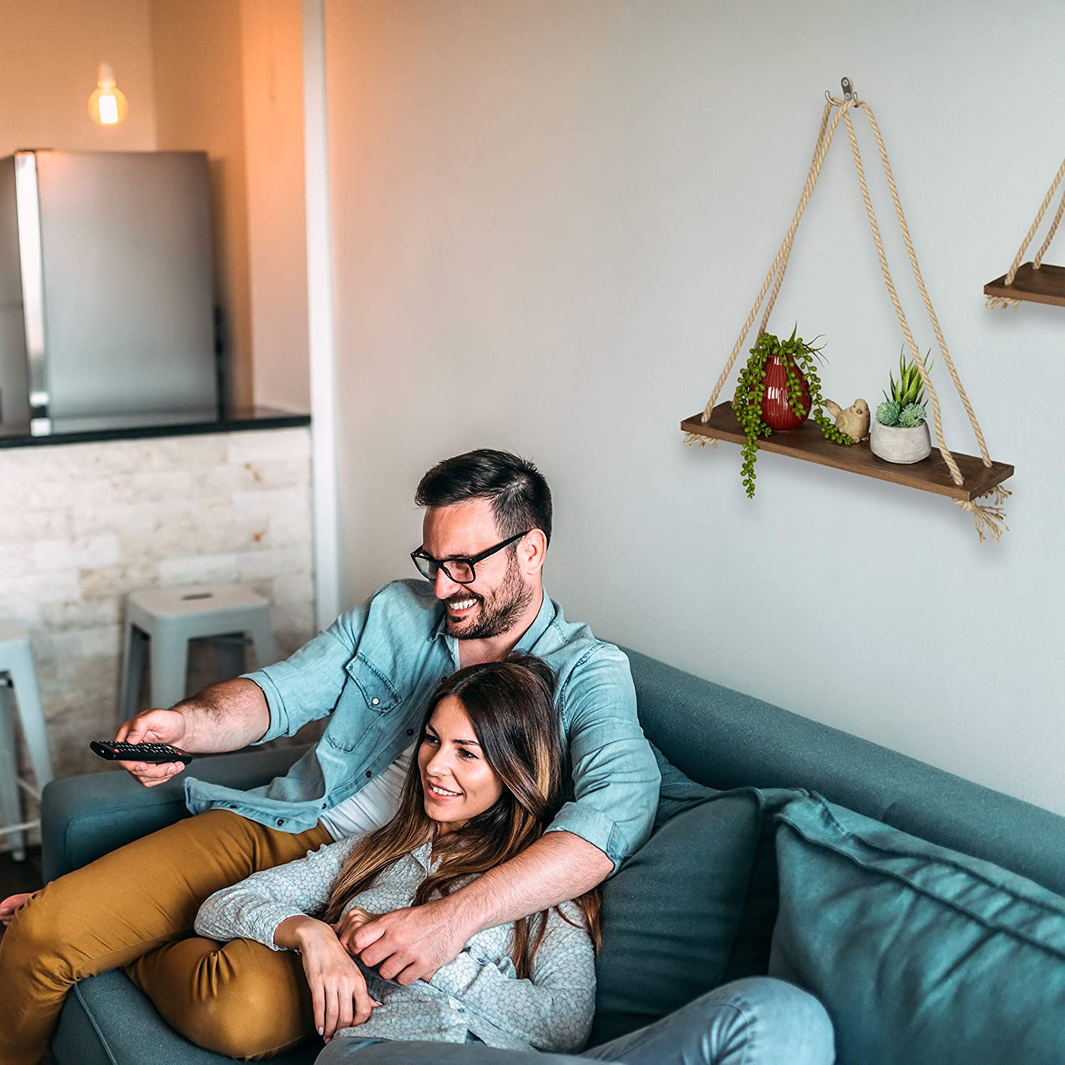 1 Etagère murale suspendue en bois Naturelle avec corde de jute