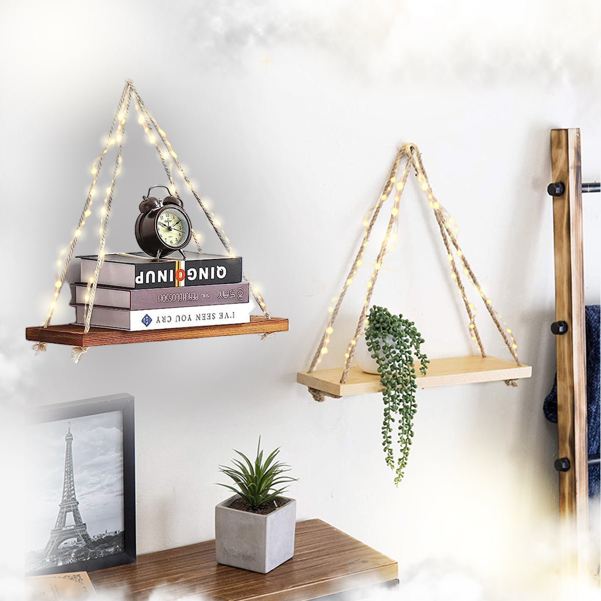 1 Etagère murale suspendue en bois Naturelle avec corde de jute