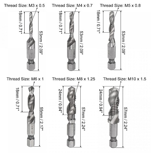 6 forets et tarauds combinés M3 M4 M5 M6 M8 M10